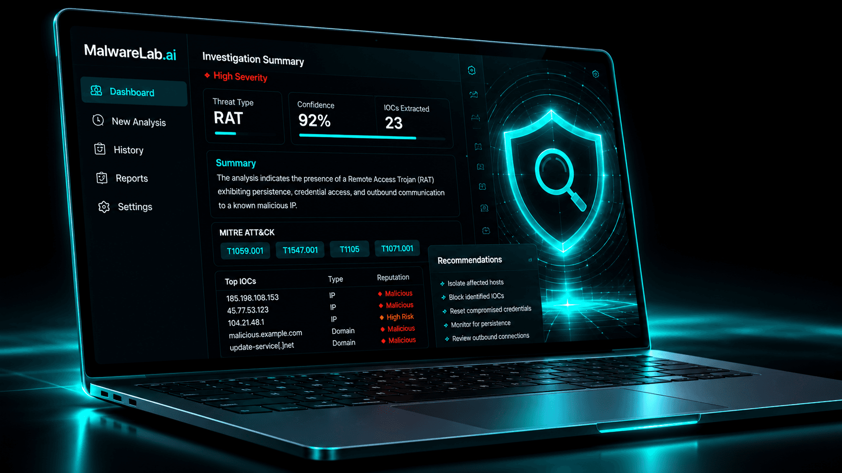 MalwareLab.ai dashboard laptop graphic